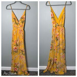 NEW‎ ReVamped yellow floral open cross back full length flowy floor maxi dress